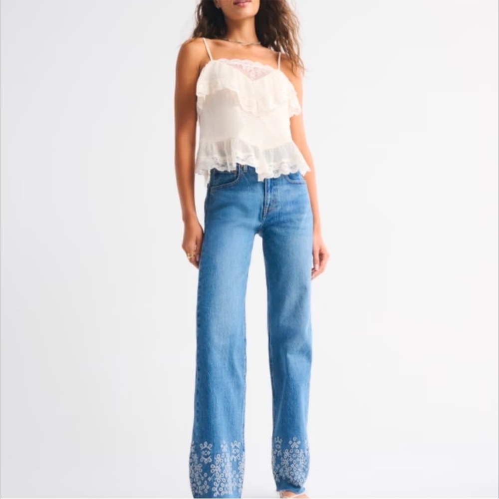 Abercrombie & Fitch Light Blue Straight Leg Jeans with White Floral Detail